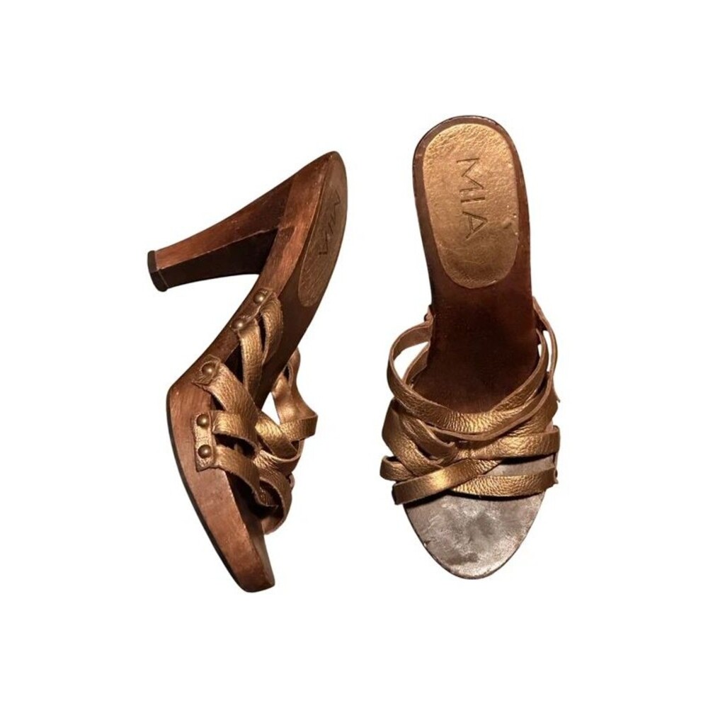 Bronze Metallic Strappy Wood Heel Sandals